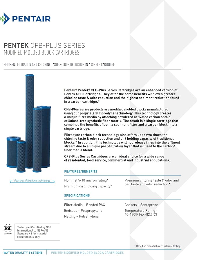 Pentair Pentek CFB-Plus10BB Big Blue Carbon Water Filter, 10-Inch, Whole House Fibredyne Modified Molded Carbon Block Replacement Cartridge, 10" x 4.5", 5-10 Micron