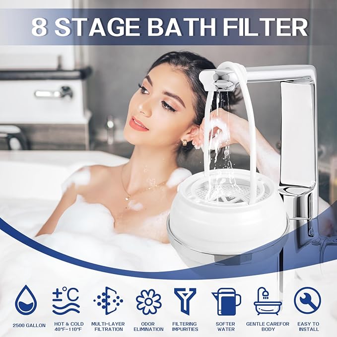 Bath Filter, 8 Stages Bath Water Filter, Bath Flter for Tub to Removes Lead, Chlorine and Fluoride, 2,500 Gallons of Filtration, Water Softener, BPA Free