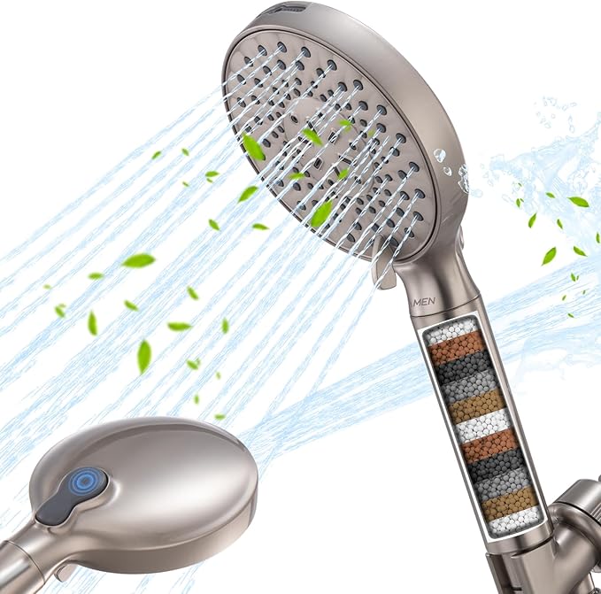 Filtered Shower Head with Handheld, High Pressure 9-Spray Modes Detachable Shower Head with Filter for Hard Water-Remove Chlorine & Impurities, Improve Skin & Hair Health, Brushed Nickel
