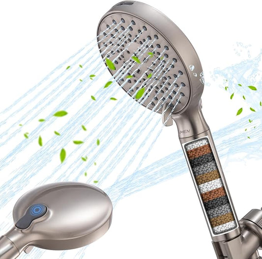 Filtered Shower Head with Handheld, High Pressure 9-Spray Modes Detachable Shower Head with Filter for Hard Water-Remove Chlorine & Impurities, Improve Skin & Hair Health, Brushed Nickel