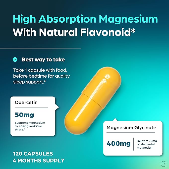 Sandhu's Magnesium Glycinate 400mg Capsules with Quercetin | Quality Sleep, Relaxation, Muscle Health & Immune Support | 120 Count (Pack of 2) | Easy to Swallow | for Women and Men