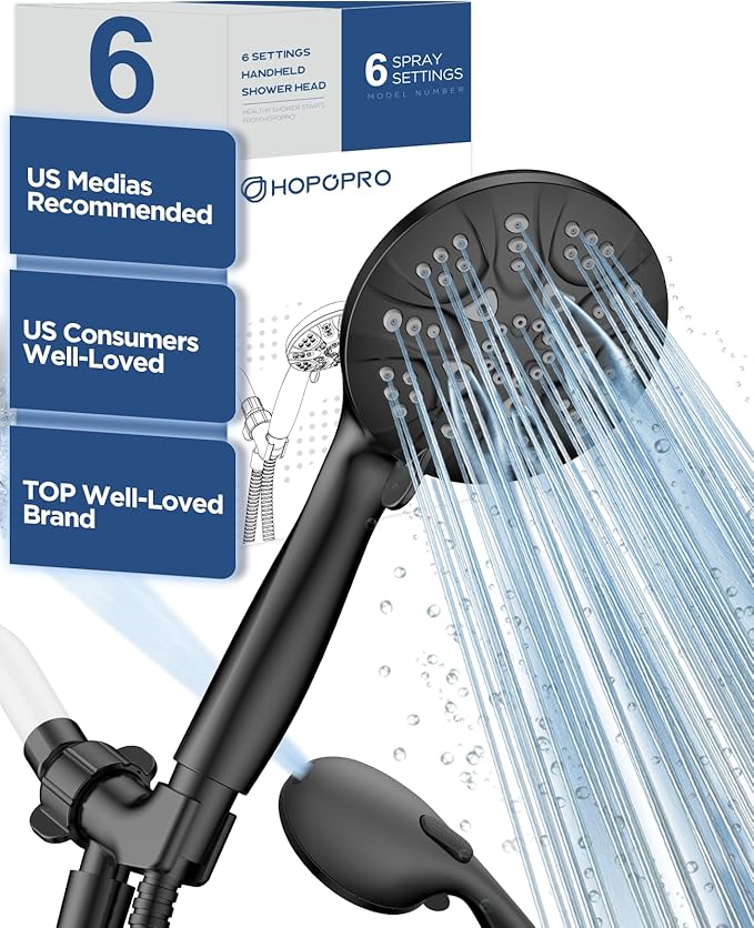 6-Mode High Pressure Handheld Shower Head with Power Wash, HOPOPRO High Flow Hand Held Showerhead Set with Built-in Power Spray to Clean Tub Tile Pets Bathroom Flooring