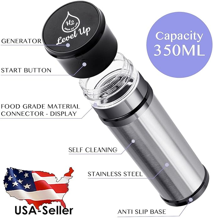 2 in 1 Hydrogen Water Bottle Generator – SPE/PEM Technology – Stainless Steel Bottle with Self Cleaning Mode – 11oz / 330ml – Up to 1300 PPB Hydrogen Enriched Water