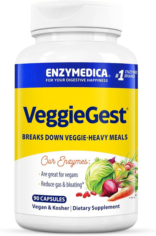 Enzymedica VeggieGest, Digestive Enzymes for Vegan, Vegetarian and Raw Diets, Prevents Gas and Bloating, 90 Count