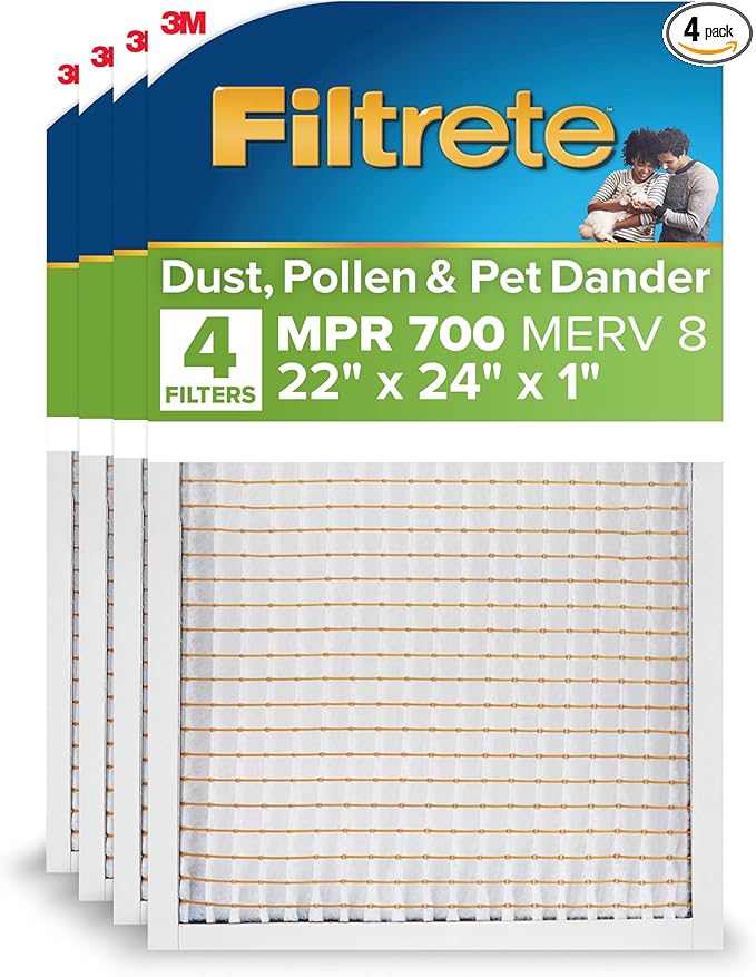 Filtrete 22x24x1 AC Furnace Air Filter, MPR 700, MERV 8, Tough on Pollen, Easy on Airflow, 3-Month Pleated 1-Inch Electrostatic Air Cleaning Filter, 4-Pack (Actual Size 21.69 x 23.69 x 0.81 in)