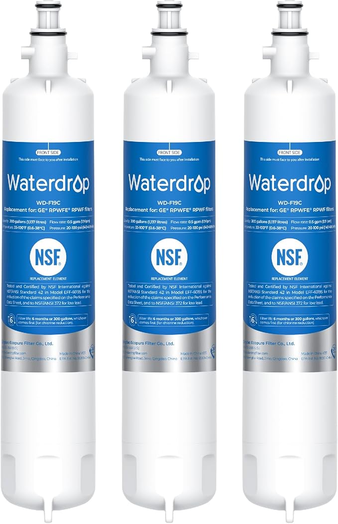 Waterdrop WD-F19C Replacement for GE® RPWFE®, RPWF (with CHIP) Refrigerator Water Filter, Compatible with GFE28GBLTS, GFE28GGKBB, GFE28GSKSS, PFE28KSKSS, PFE28KMKES, 3 Filters Package May Vary