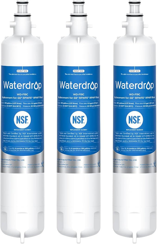Waterdrop WD-F19C Replacement for GE® RPWFE®, RPWF (with CHIP) Refrigerator Water Filter, Compatible with GFE28GBLTS, GFE28GGKBB, GFE28GSKSS, PFE28KSKSS, PFE28KMKES, 3 Filters Package May Vary