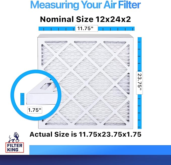 Filter King 12x24x2 Air Filter | 4-PACK | MERV 8 HVAC Pleated A/C Furnace Filters | MADE IN USA | Actual Size: 11.75 x 23.75 x 1.75"