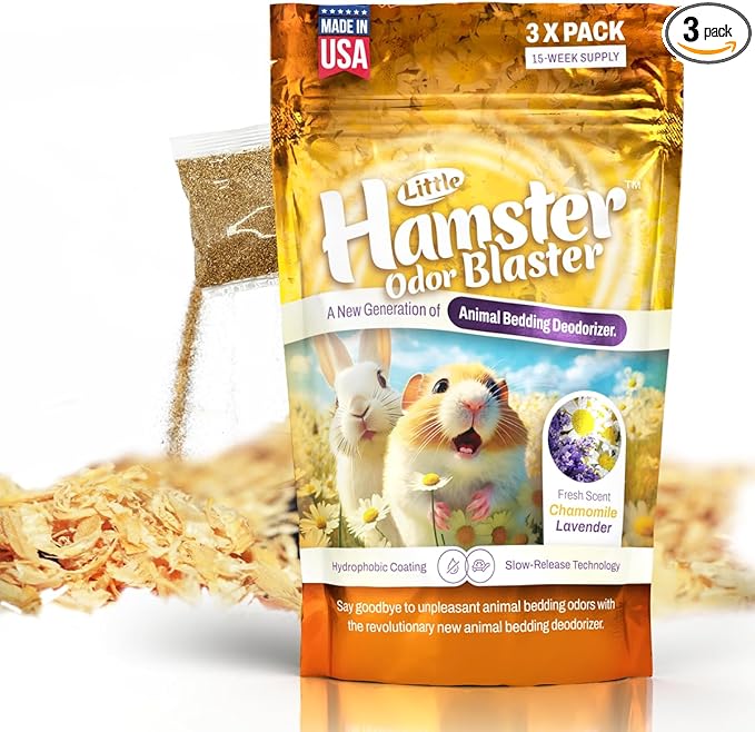Hamster Odor Blaster | a New Generation Of Animal Bedding Deodorizer | Unique Slow Release Formula | Natural Fresh Scent - Lavender & Chamomile | Up to 15 Weeks Supply | 3 x 0.5oz bags