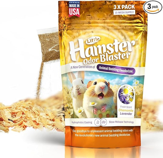 Hamster Odor Blaster | a New Generation Of Animal Bedding Deodorizer | Unique Slow Release Formula | Natural Fresh Scent - Lavender & Chamomile | Up to 15 Weeks Supply | 3 x 0.5oz bags
