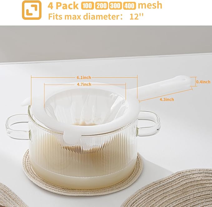 3-Piece Mesh Strainer Set with Handles & Hanging Loops, 100/200/300 Mesh, Nylon & Plastic Sieve for Tea, Coffee, Nut Milk, Juice, Broth, Smoothies, Reusable & Easy to Clean,Durable,Dishwarer Safe