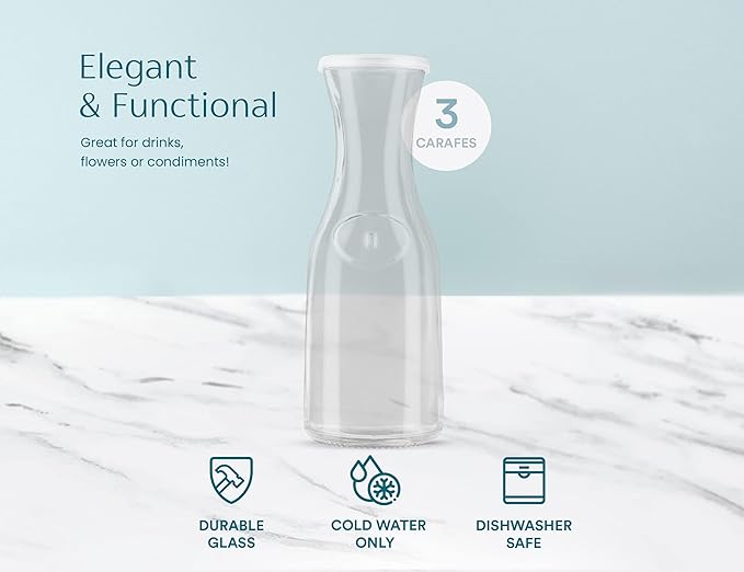 Glass Carafe Pitchers, by Kook, Large Carafe - set of 3, Beverage Dispensers, Clear Jugs For Mimosas, Water, Wine, Milk and Juice, with Plastic Lids, 50 oz Dishwasher Safe