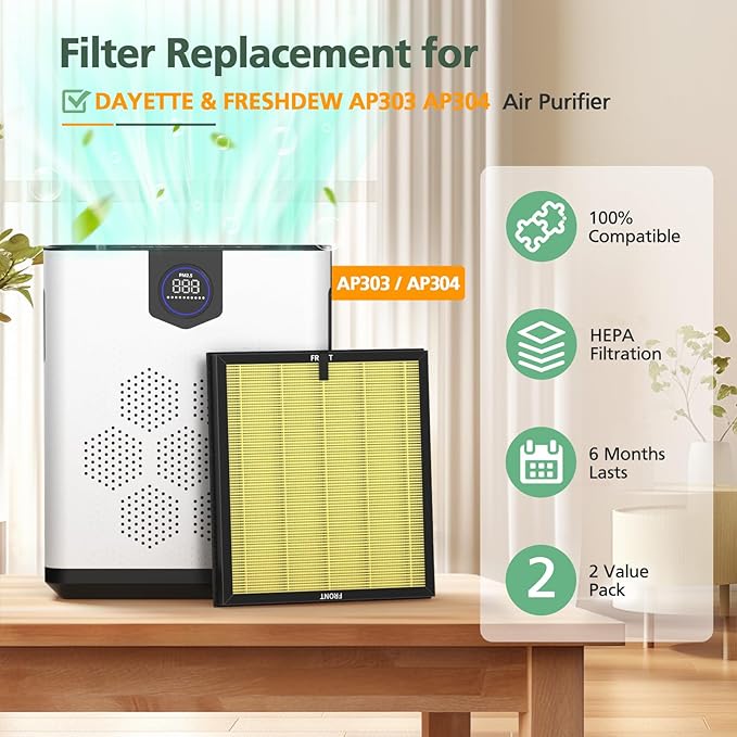 AP303 AP304 Replacement Filters, Compatible with DAYETTE AP303/304 Air Purifier, and for FRESHDEW AP303 / AP304 Purifier, HEPA Filter with 3 Stage Filtration, 2 Pack (Pet Filter)