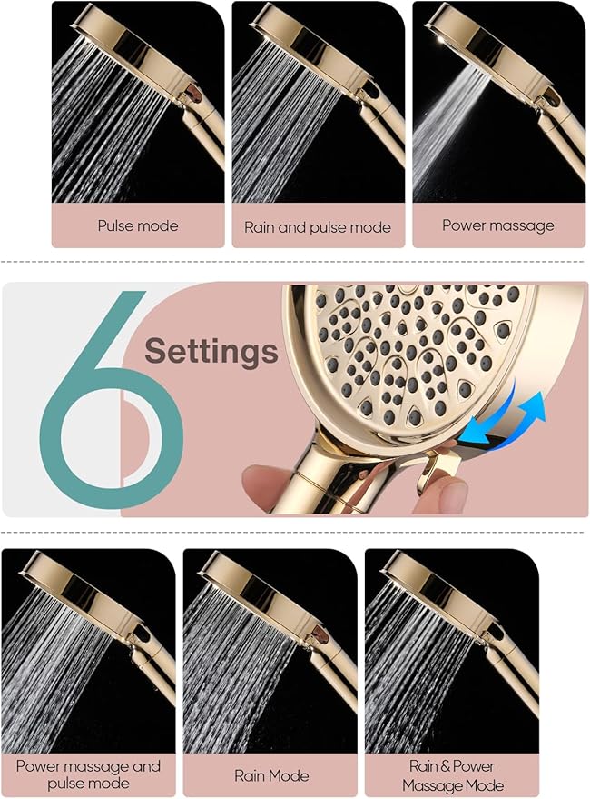 Cobbe Filtered Shower Head with Handheld, High Pressure 6 Spray Mode Showerhead with Filters, Water Softener Filters Beads for Hard Water - Remove Chlorine - Reduces Dry Itchy Skin, Egyptian Gold