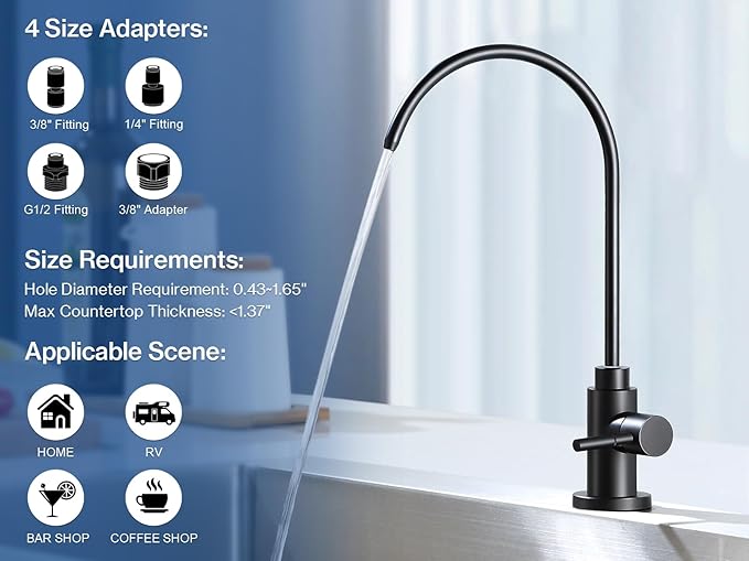 Water Filter Faucet, VMASSTONE Reverse Osmosis Faucet Fits Most RO Units or Water Filtration System in Non-Air Gap, Lead-Free Stainless Steel Drinking Water Faucet for Bar Kitchen Sink, RV (DM001 MB)