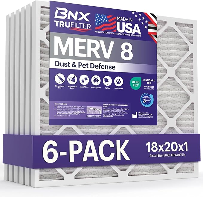 BNX TruFilter 18x20x1 Air Filter MERV 8 (6-Pack) - MADE IN USA – Dust & Pet Defense Electrostatic Pleated Air Conditioner HVAC AC Furnace Filters for Dust, Pet, Mold, Pollen MPR 600 – 700 & FPR 5