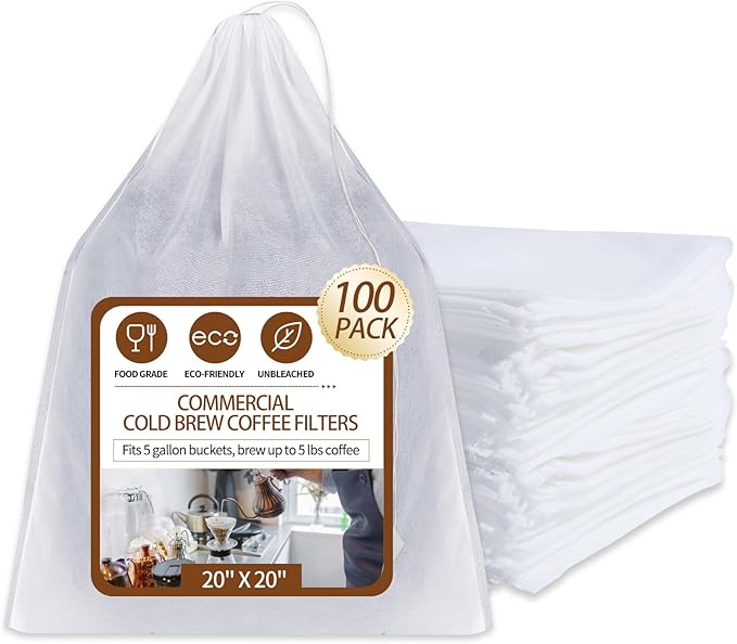 100Pcs Commercial Cold Brew Coffee Filters for 5 Gallon Buckets, 20" X 20" Disposable Coffee Filters with Drawstring for Brew Up To 5 LBS Coffee