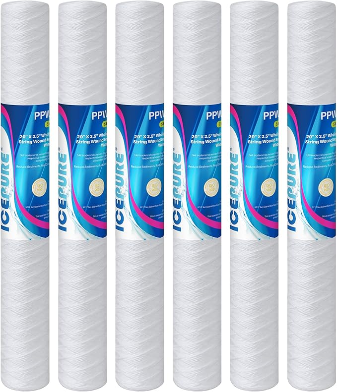 ICEPURE 5 Micron 20" x 2.5" String Wound Whole House Water Filter Cartridge for Well Water, Replacement for Aqua Pure AP110-2C, FPMB5-20, WPP-F20-5, P1-20/SP-P1-20, 6PACK