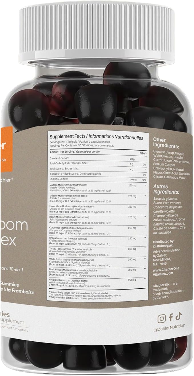 Zahler 10-in-1 Mushroom Gummies Raspberry Flavored with Lions Mane Mushroom, Reishi, Cordyceps, White Button, Plus 6 Adaptogenic Mushrooms 60