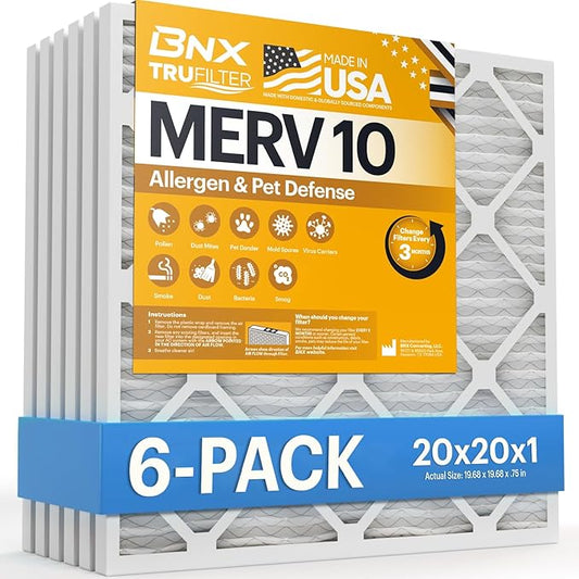 BNX TruFilter 20x20x1 MERV 10 (6-Pack) AC Furnace Air Filter - MADE IN USA - Pleated Air Conditioner HVAC AC Furnace Filters - Removes Odor, Mold, Bacteria, Smoke