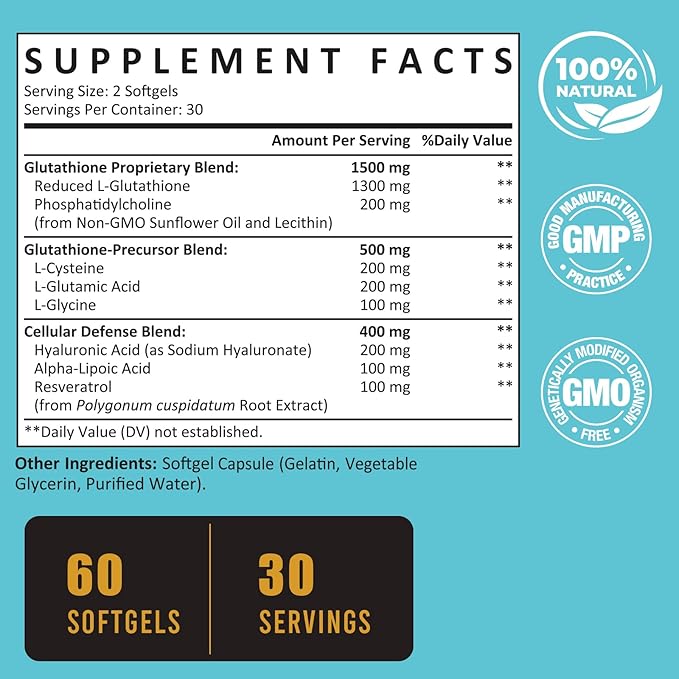 2400 MG Liposomal Glutathione Softgels, Max Absorption, Active Form L-Glutathione Reduced (GSH), with Hyaluronic Acid, Resveratrol, Master Antioxidants for Detox, Brain, Immune System, 180 Softgels