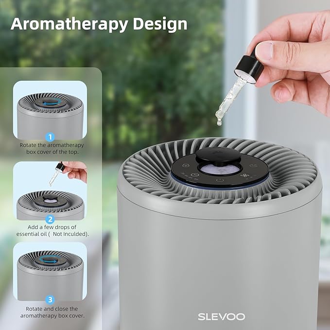 SLEVOO Air Purifier for Home Bedroom up to 1015 ft², Allergies Pet Hair, 3-in-1 Filter with hepa Air Purifier, Ultra Quiet 24 DB Sleep Mode,Aromatherapy,clean for Allergies,Pollutants,Smoke （Gray）