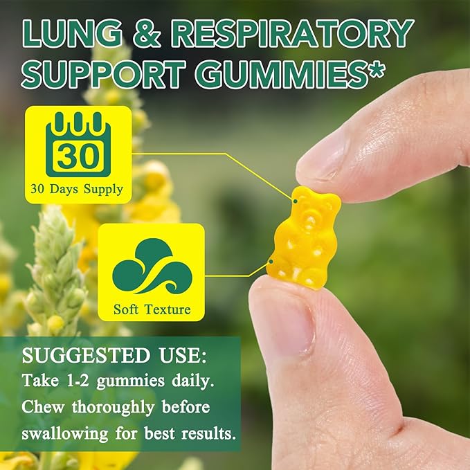 Mullein Gummies for Lung Detox, Mullein Herbal Supplement, 2000mg Mullein Leaf Extract for Respiratory & Digestive & Immune Support - 60 Gummies