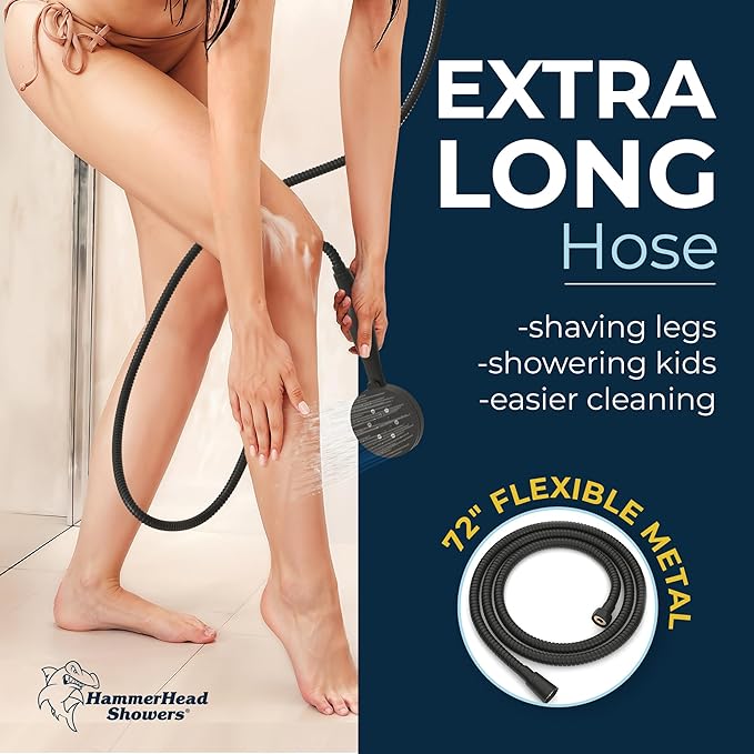 HammerHead Showers® Solid Metal 3-Spray Handheld Shower Head with Long Hose and Holder - MATTE BLACK - 2.5 GPM High Pressure Shower Head with Handheld Sprayer - WIDE, MASSAGE, and MIST Sprays