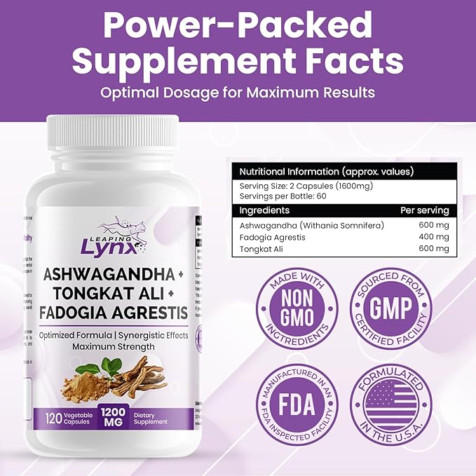 SUPER SUPPLEMENTS Ashwagandha Capsules + Tongkat Ali + Fadogia Agrestis - 120 Capsules, Organic Ashwagandha Supplement - Vegan Ashwagandha Root, Gluten-Free, Non-GMO, for Stress Relief, Energy & Sleep