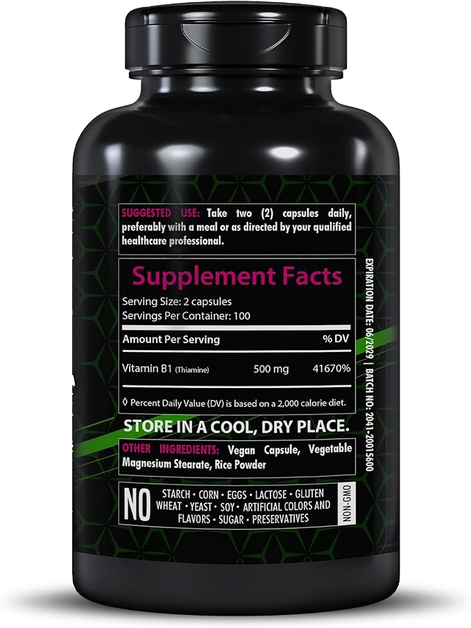 Vitamin B1 500mg | 200 Veg Capsules | Thiamine Supplement | Supports Overall Health | Non-GMO | Gluten-Free