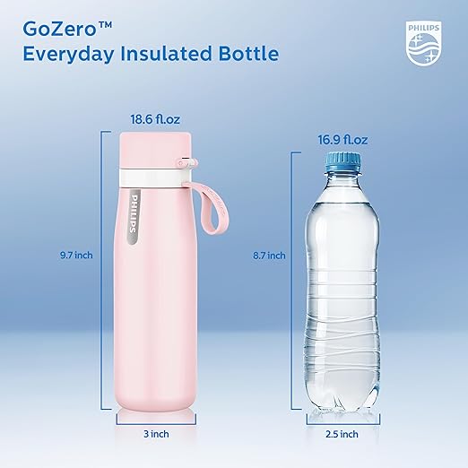 PHILIPS Water Bottle with Filter, Filter Water Bottle Stainless Steel with GoZero Everyday BPA-Free Tap Water Filter, Water Filter Bottle Keep Drink Cold 24 Hours, 1 Filter for 40 gal / 2 Months