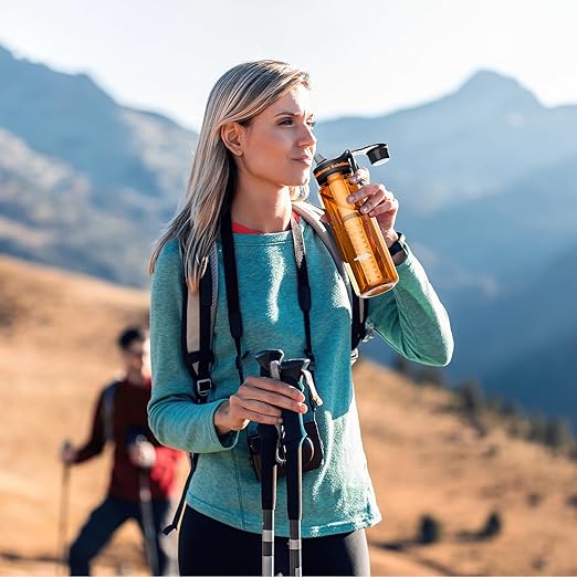 Membrane Solutions C3 Filtered Water Bottle, 36oz BPA-Free Bottle with Replaceable ACF+UF Filter Cartridge, Portable Water Filter, Travel, Hiking & Camping for Drinking Water Anywhere(Orange)