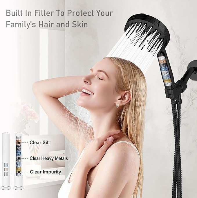 Filtered Shower Head with handheld, 10 Functions High Pressure showerhead with 79"Stainless Steel Shower Hose, Built-in 2 Power Wash, Replaceable Filter Design to Improve Water Quality (Matte Black)