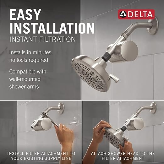 Delta Faucet 8-Setting Shower Head Satin Nickel with Clarifi Standard Shower Filter Attachment with Filter
