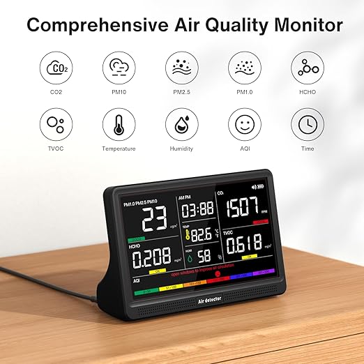 16 in 1 Air Quality Monitor Indoor 7" Display 9 AQI+7 AQI Alerts Air Quality Meter for CO2, TVOC, PM2.5, PM1.0, PM10, HCHO, Temperature, Humidity, AQI & Time, Air Detector Air Quality Tester for Home