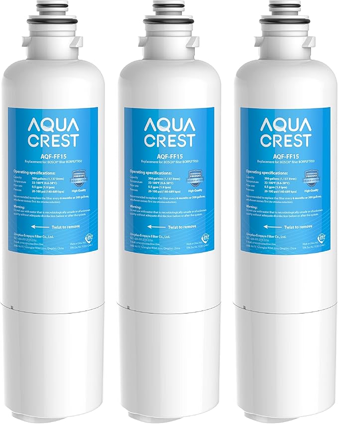 AQUA CREST 12033030 Replacement for Bosch® UltraClarity® Pro BORPLFTR50, 11032531 Refrigerator Water Filter, Compatible with 11025825, BORPLFTR55, B36CD50, B22CS50, B36FD50SNS, B36CT80SNS, 3 Filters
