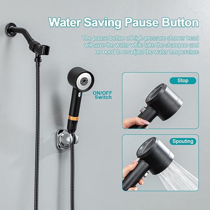 High Pressure Showerhead with Filters, Filtered Shower Head Handheld with ON/OFF Switch,Extra Long 79-inch Hose and Adjustable Angle Bracket Extra Low-Reach Adhesive Wall Mount for Kids (black)