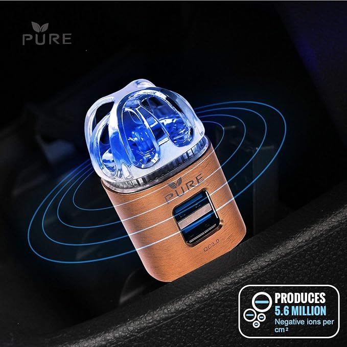 Car Air Purifier 3in1 Premium Stainless Steel Air Filter Ionizer w/Dual USB Quick Charge 3.0 USB-Eliminate Allergens Odor Smell, Smoke, Pets, Pollen Mold Bacteria w/Anti-Microbial Deodorizer (Bronze)