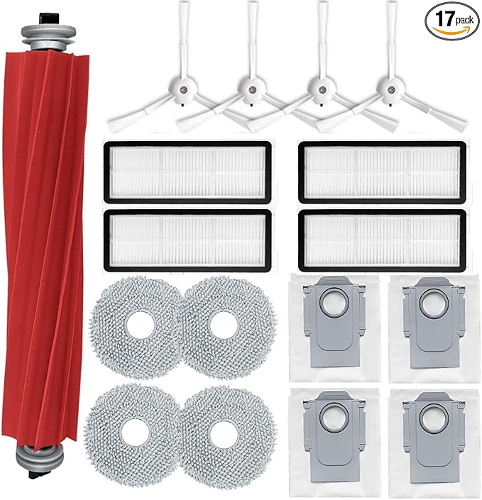 Accessories Kit Compatible with Roborock Qrevo S/Qrevo Maxv/Qrevo S/Qrevo Plus Robtic Vacuum Cleaner,17 Spare Parts,1 Main Brush Roller,4 Side Brushe,4 Mop Pads,4 Dust Bags,4 Hepa Filters (White-17)