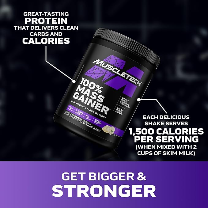 MuscleTech High Protein Mass Gainer for Men & Women - Protein Powder Shakes for Weight Gain, Muscle Building & Recovery with Creatine Monohydrate - Vanilla Milkshake, 5.15 Pound