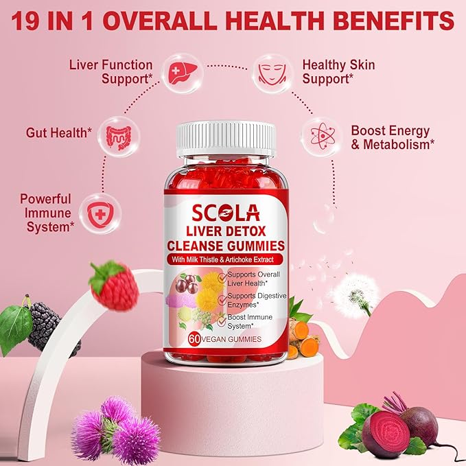 SCOLA Liver Cleanse Detox & Repair Gummies, Liver Support Supplement Includes Milk Thistle Extract with Silymarin, Dandelion, Chicory Root, Liver Health Supplements, 120 Count