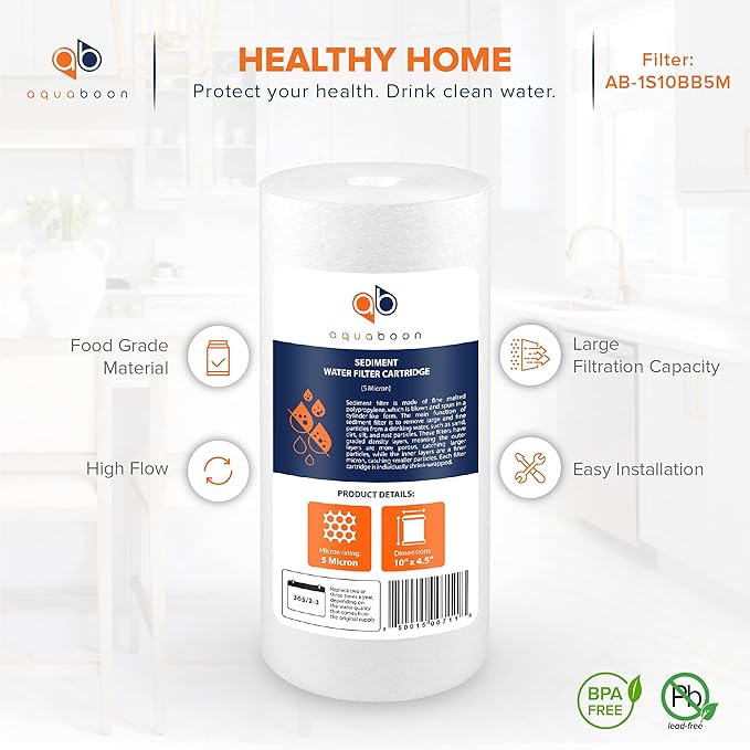 Aquaboon 5 Micron 10 x 4.5 Well Water Sediment Filter Replacement Whole House Water Filter Cartridge Compatible with DGD-5005, WFHD13001B, 2-Pack