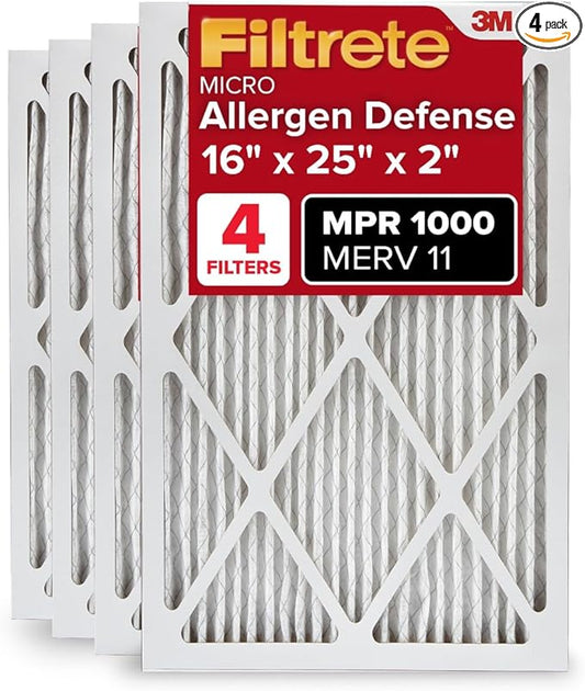 Filtrete 16x25x2 AC Furnace Air Filter, MERV 11, MPR 1000, Allergen Defense, 3-Month Pleated 2-Inch Electrostatic Air Cleaning Filter, 4 Pack (Actual Size 15.5 x 24.5 x 1.75 in)