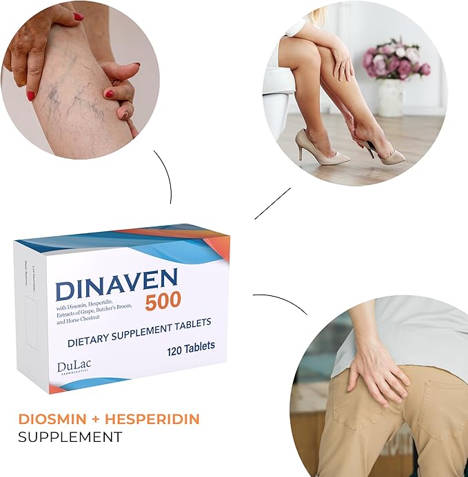 Dulàc - Dinaven 500, Diosmin Hesperidin 500mg Dietary Supplement 120 Tablets, Enriched with Butcher's Broom, Horse Chestnut Extract and Grape Seed Extract, Made in Italy