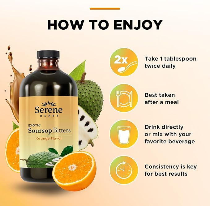 Soursop Bitters Liquid with Soursop Leaves for Gut Cleanse, Detox & Immune Boost with Black Seed, Moringa, Irish Moss, Ashwaganda, Turmeric, 16 fl oz (16 Fl Oz, Orange)