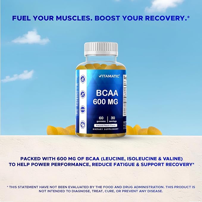 Vitamatic BCAA Gummies - Branch Chain Amino Acid Supplements - Peach Flavor - 600mg per Serving - 60 Vegan Pectin Based Gummies (1 Bottle)