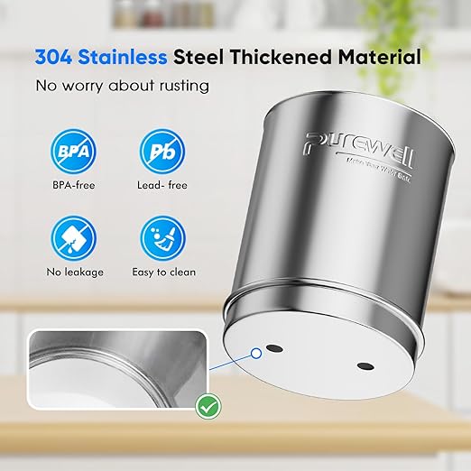Purewell 1.5G Gravity Water Filter System with Water Level Window, 8-Stage 0.01μm Ultra-Filtration Stainless Steel Countertop System with 4 Filters and Stand, Reduce Fluoride and Chlorine, PW-MKS-CF