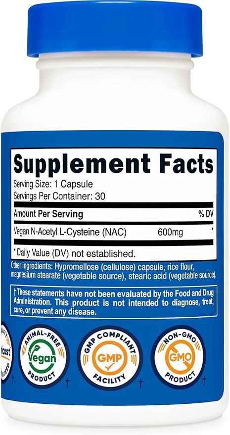 Nutricost N-Acetyl L-Cysteine (NAC) 600mg, 30 Vegan Capsules - GMO Free, Gluten Free, Vegetarian Caps
