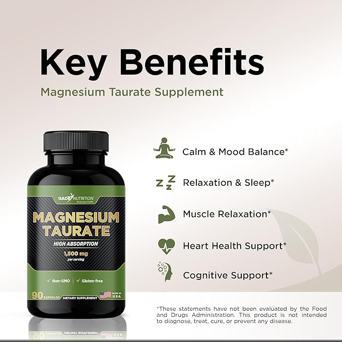 Gade Nutrition Pure Magnesium Taurate Calm & Sleep Supplement | Magnesium Supplement in Capsules Made in USA | Great Magnesium Complex