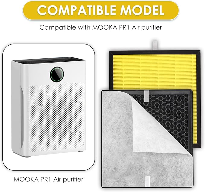 4+8 Pack PR1 Filter Pet Care Replacement Filter for Mooka PR1 Air Purifier, H13 True HEPA Filter, 3-in-1 Activated Carbon Filter for Home Large Room up to 2200sq.ft, with 8 Pieces Washable Pre-Filters